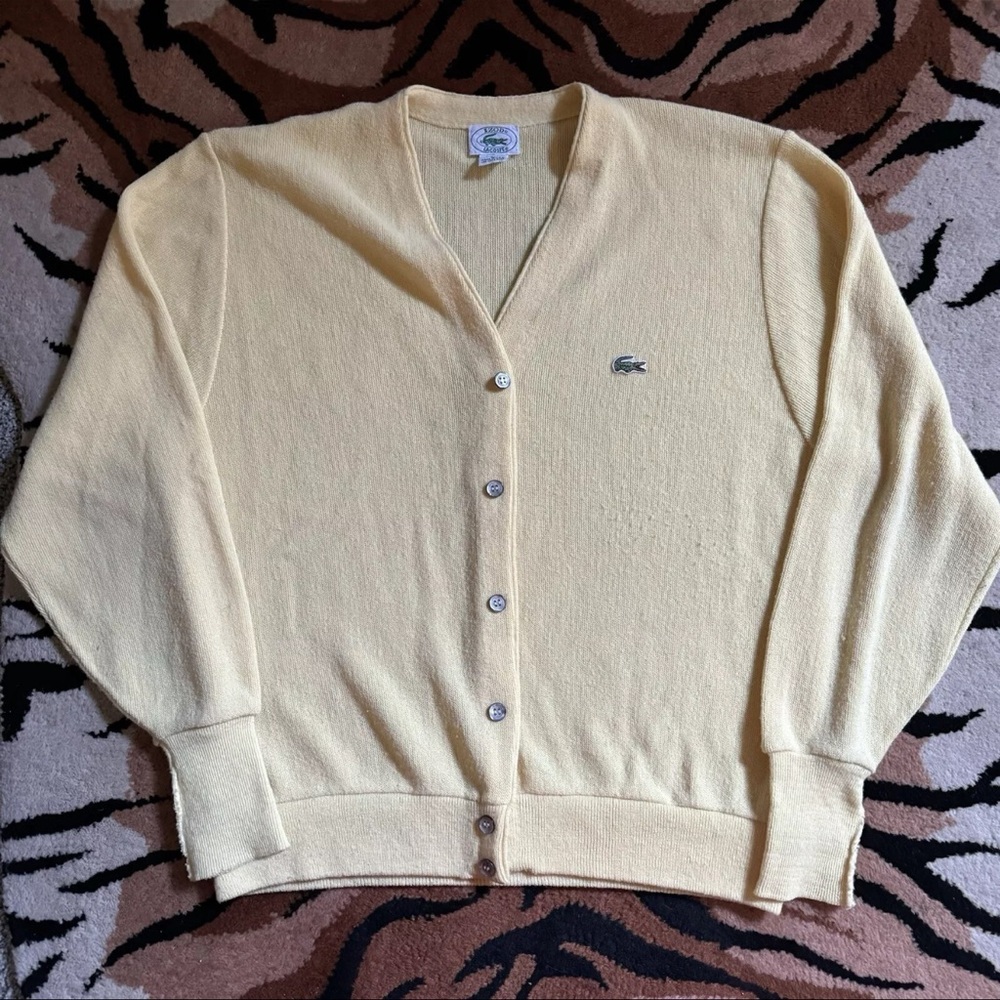 Vintage L Izod Lacoste Cardigan Sweater  Yellow Acrylic Alligator Grandpa 1980s